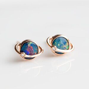 Earth Moon Design Australian Doublet Opal & Diamond Stud Earrings 18K Rose Gold